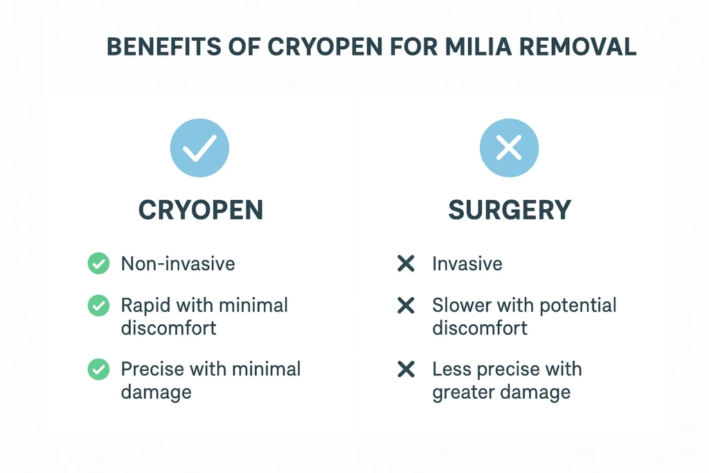 Benefits of cryopen for milia removal Marlborough compared to surgical treatments.