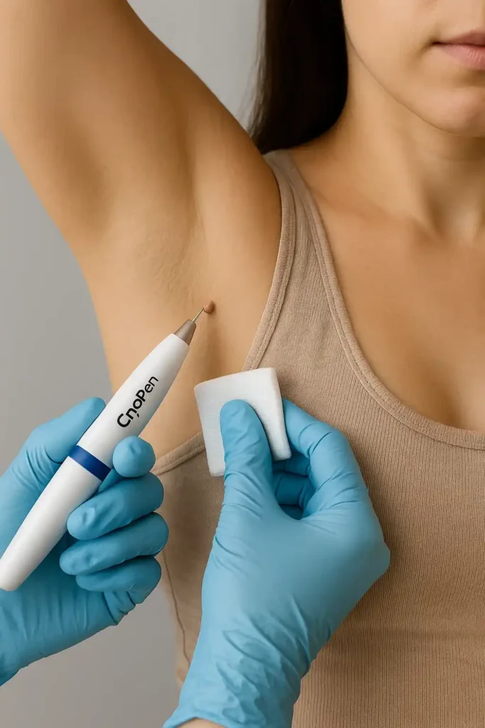 woman having cryopen to remove underarm skin tags Marlborough