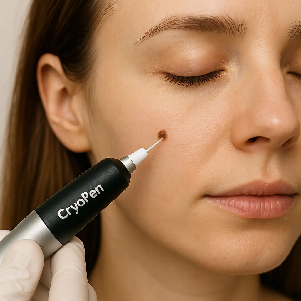woman receiving facial mole removal Marlborough using cryopen