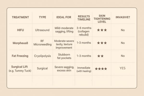 Table showing the comparisons of Skin tightening Marlborough treatment options.